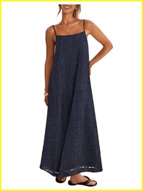 Boho Spaghetti Strap Maxi Dress with Lace & Pockets Sleeveless Summer